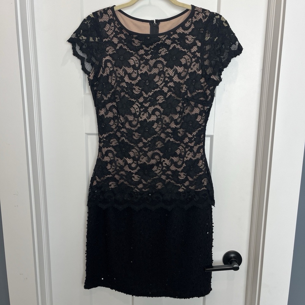 Joseph Ribkoff Black Lace Dress Women Sz 8 Beige Stretch Lining Drop Waist Look